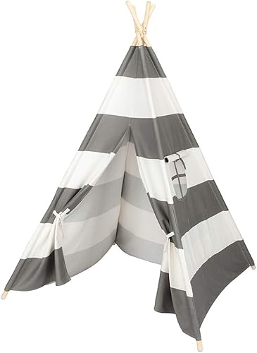 Tienda de campaña de tipi de 4 postes de madera para niños, rayas grises y blancas