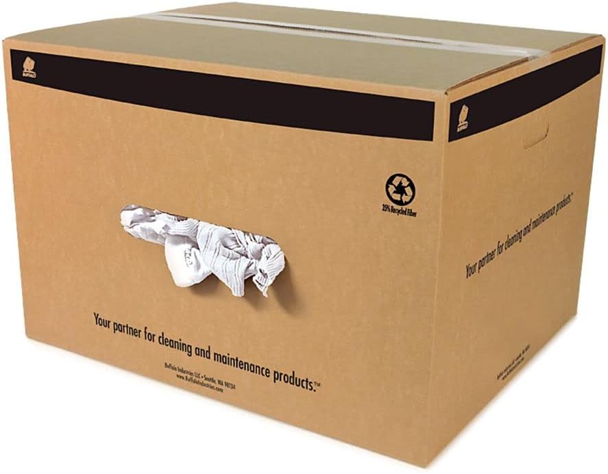 Buffalo Industries (10524) Absorbent White Recycled T-Shirt Cloth Rags - 25 lb. box - For All-purpose Wiping, Cleaning, and Polishing - Made from 100% Recycled Materials