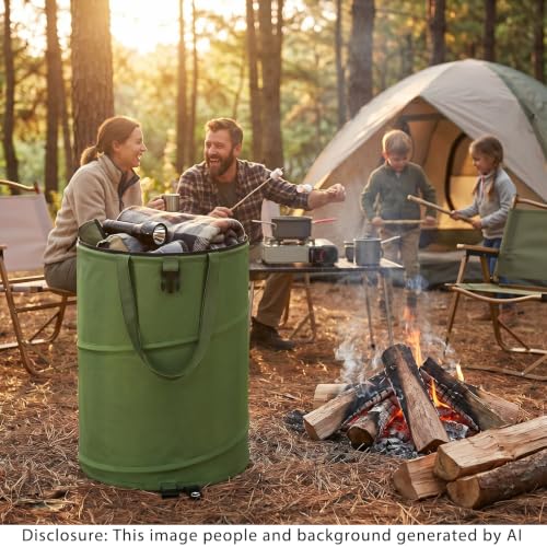Image of 27 Gallon Collapsible Outdoor Trash Can Recycle Bin with Zipper Lid | Reusable Lawn and Leaf Bags Heavy Duty 600D Oxford Fabric, Pop Up Camping Trash Can for Indoor Storage and Outdoor Recycling