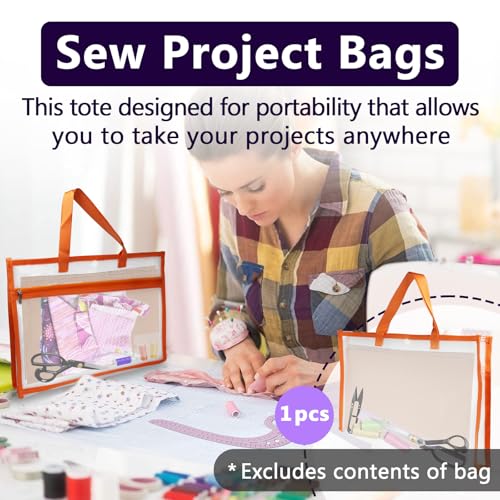 Image of Portable Project Bags for Quilting Knitting, Stitching and Embroidery Projects Storage, Sew Project Bag with Zipper and Double Pockets, Transparent Mesh Sewing Project Bag for Crafter