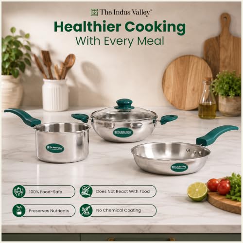 Image of The Indus Valley Triply Stainless Steel Cookware Set of 4 | Kadai 20cm with Glass Lid, Fry Pan 18cm & Saucepan 14cm | 100% Toxin-Free | Faster Cooking | Induction Compatible
