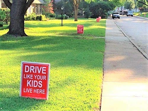 Drive Like Your Kids Live Here Yard Sign (2 Pack) 18"x24" Highly Visible, Red/White, Double Sided + Metal Stand, Slow Down Signs for Neighborhoods, Kids at Play Caution for Street