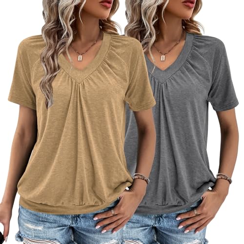 Cute Summer Tops 2 Pack V Neck Short Sleeve Ruched 12 cute summer tops 2 pack - dark gray and shallow khaki
