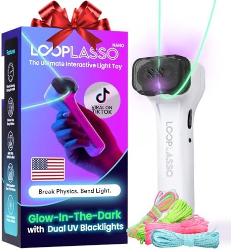 Loop Lasso® NANO - The Original Glow-in-The-Dark String Shooter Toy - Built-in UV Blacklight - Safe Fun Adult & Kids Rope Launcher Gift - Viral Fidget Toy - Music Rave Accessory (White with Glow Pack)