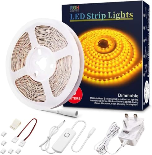 LED Light Strip, 5M, Dimmable, Yellow, LED Light Strip, Flexible, Under-Cabinet, Kitchen Lighting Set with 12 V CE Power Supply, Adhesive Clips, Dimmer Switch and Connectors