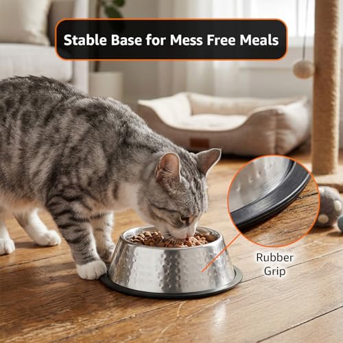 Image of Amazon Basics Stainless Steel Pet Feeding Bowls for Dog & Cats | Set of 2 | Anti Slip Base | Hammered - Copper & SS Shiny 345 ml Each