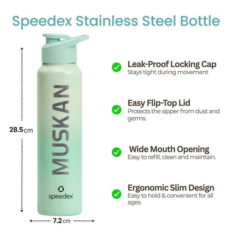 Image of Speedex Engraved Name Stainless Steel Sipper Water Bottle 1 Ltr - Customised Personalised Bottle for Kids & Adults, School, Gym, Sports, Dual Green, Set of 1