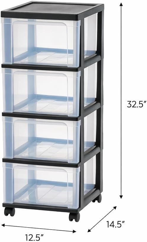 4-Drawer Narrow Plastic Storage Cart with Wheels | Rolling Organizer for Kitchen, Desk | Durable Black Storage Drawers, Stackable & Multi-Purpose | Under Desk Storage Solution