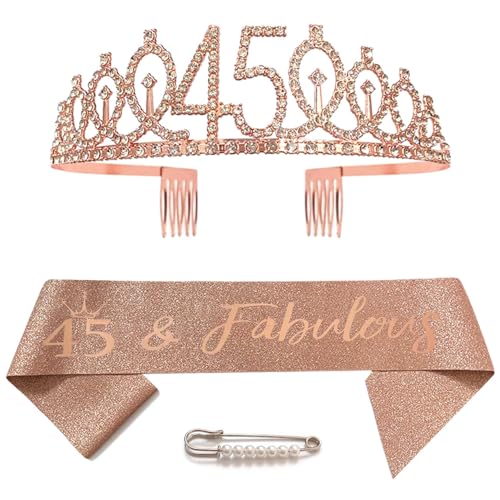 Écharpe et diadème d'anniversaire 45 ans, couronne en cristal or rose 45, couronne d'anniversaire, écharpe décorative d'anniversaire pour filles et femmes, accessoires de fête d'anniversaire