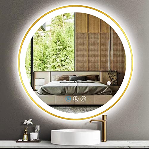 THEKLA 76 cm Gold Round Bathroom LED Mirror with Gold Frame 760mm Round Lighted Mirrors for Bathroom Wall Golden LED Circle Vanity Mirror with Lights 3 Color Adjustable Brightness Frontlit Anti-Fog