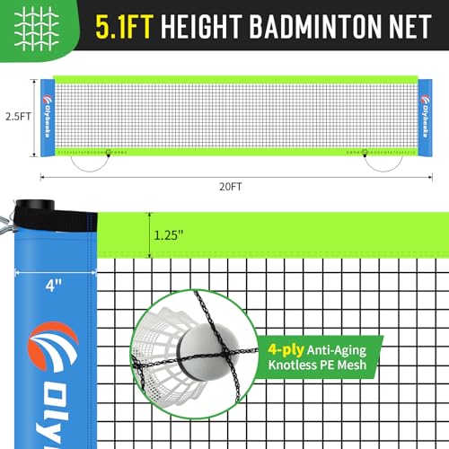 Image of 20ft Portable Outdoor Badminton Net Set for Driveway Backyard, Beach, Park with Durable Anti-Sag PE Net, Heavy Duty Steel Poles, 4 Badminton Rackets, 3 Shuttlecocks and 600D Carry Bag