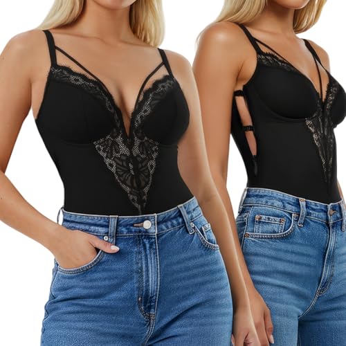 Popilush Lace Bodysuits for Women Corset Shapewear Tummy Control Body Suits V Neck Thong Underwired Outfits Side Zipper2