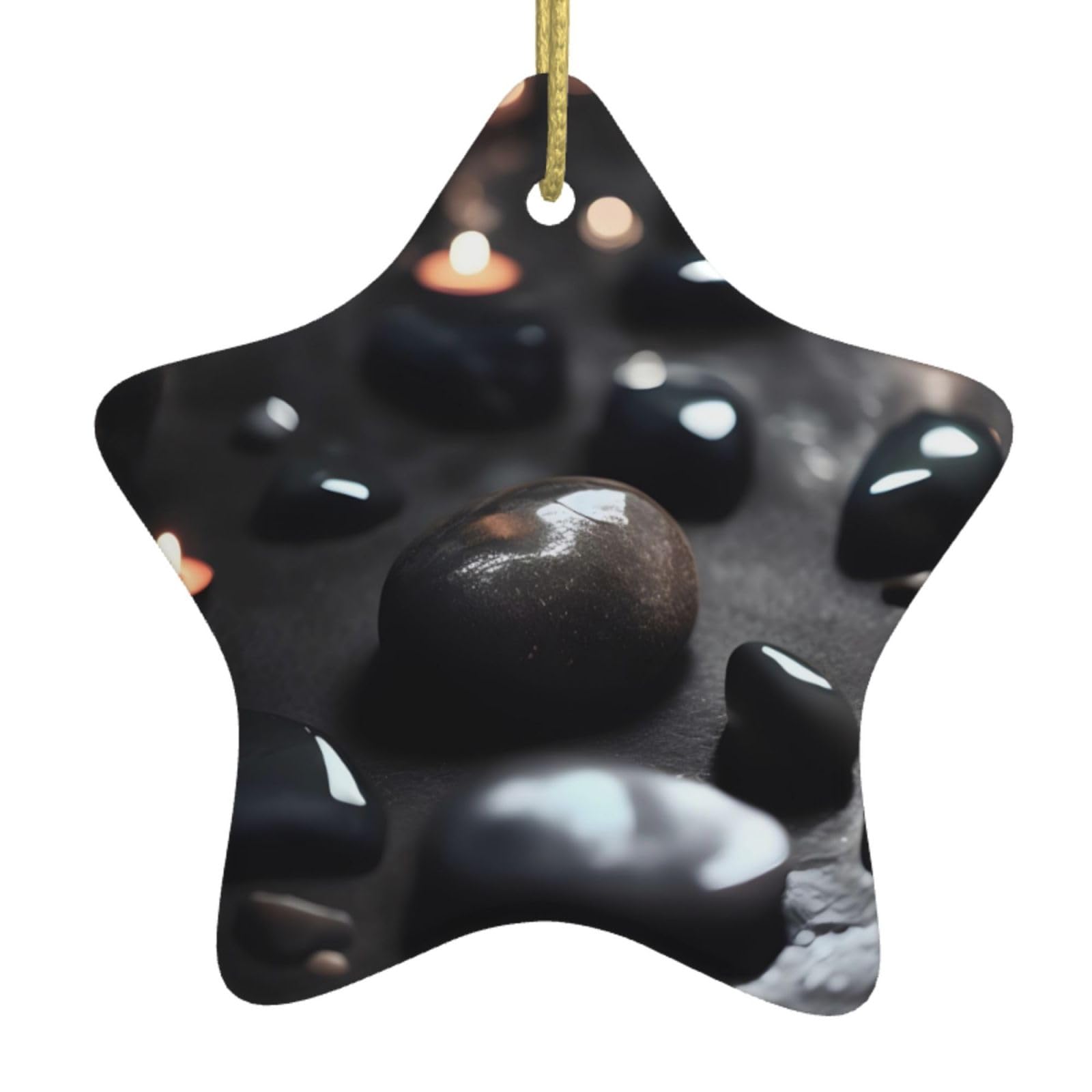 Black Mystery Heart Stone Christmas Ceramic Star Pendant with Punched Holes and Gold Wire Rope, Christmas Tree Home Decoration
