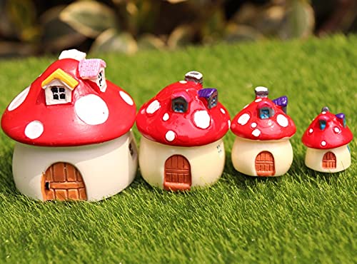 Cute 4Pcs Sizes Miniature Ornaments Set Resin Mini Mushroom House For Figurine Fairy Garden Craft Bonsai Terrarium Decor Micro Landscape Decoration Moss Dollhouse (Red) โ image 1