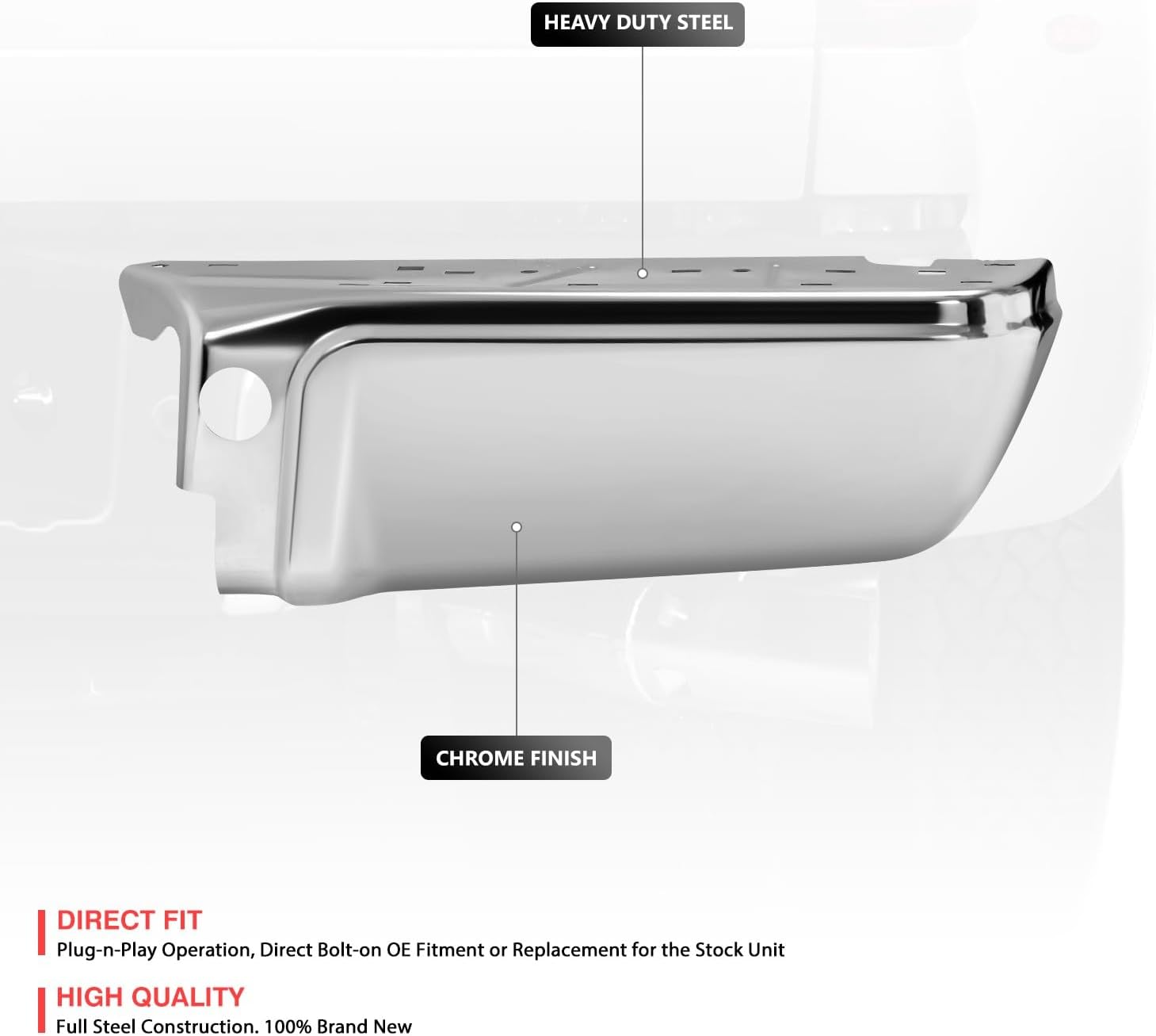 DNA MOTORING Pair of Rear Bumper Ends Compatible With Ford F250 / F350 / F450 SD 2008-2016, Without Park Assist, FO1105122, Chrome, BUMP-R-F45008-C-01-CH-R