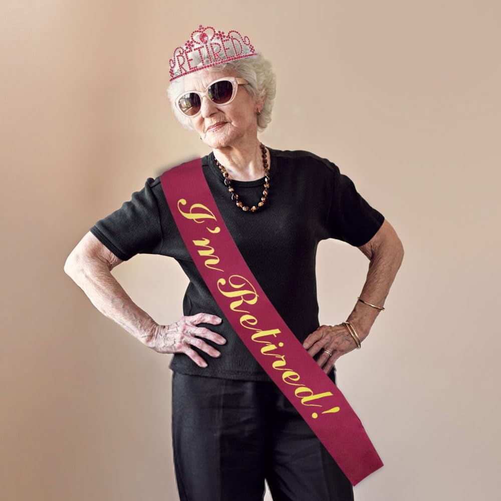 Retirement Tiara and Sash Set Retirement Party Decorations Retirement Gifts for Women Set Maroon & Gold Glittery Stain Sash Crystal Crown for Women Retirement Decorations