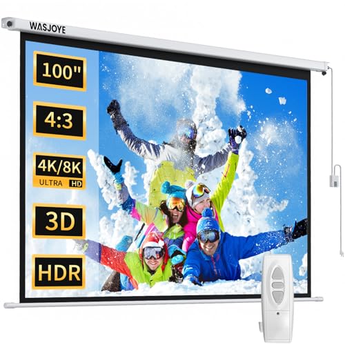 WASJOYE 100\" Leinwand Beamer Elektrisch Diagonale Automatische Projektion 4:3 8K HD Filme Schirm für Heimkino Büro Videospiel Outdoor Indoor, Projector Screen W/Fernbedienung und Wand/Decke Mount