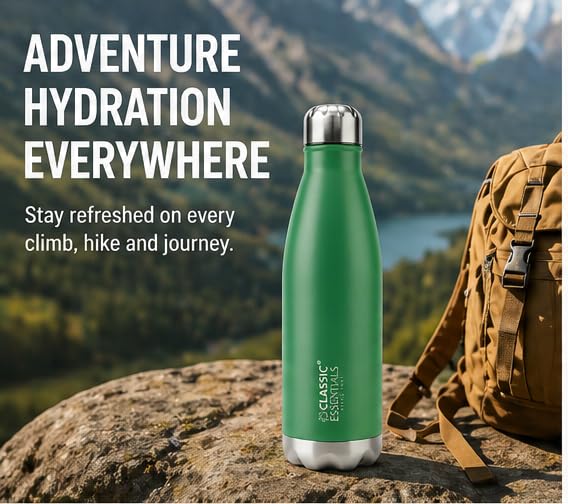 Image of Classic Essentials Insulated Double Wall Vacuum Stainless Steel Water Bottle 24 Hours Hot and Cold,BIS Approved,100% Leakproof Lid,Sweat Proof Water Bottles, Great for Travel Picnic (Green 1000ml)