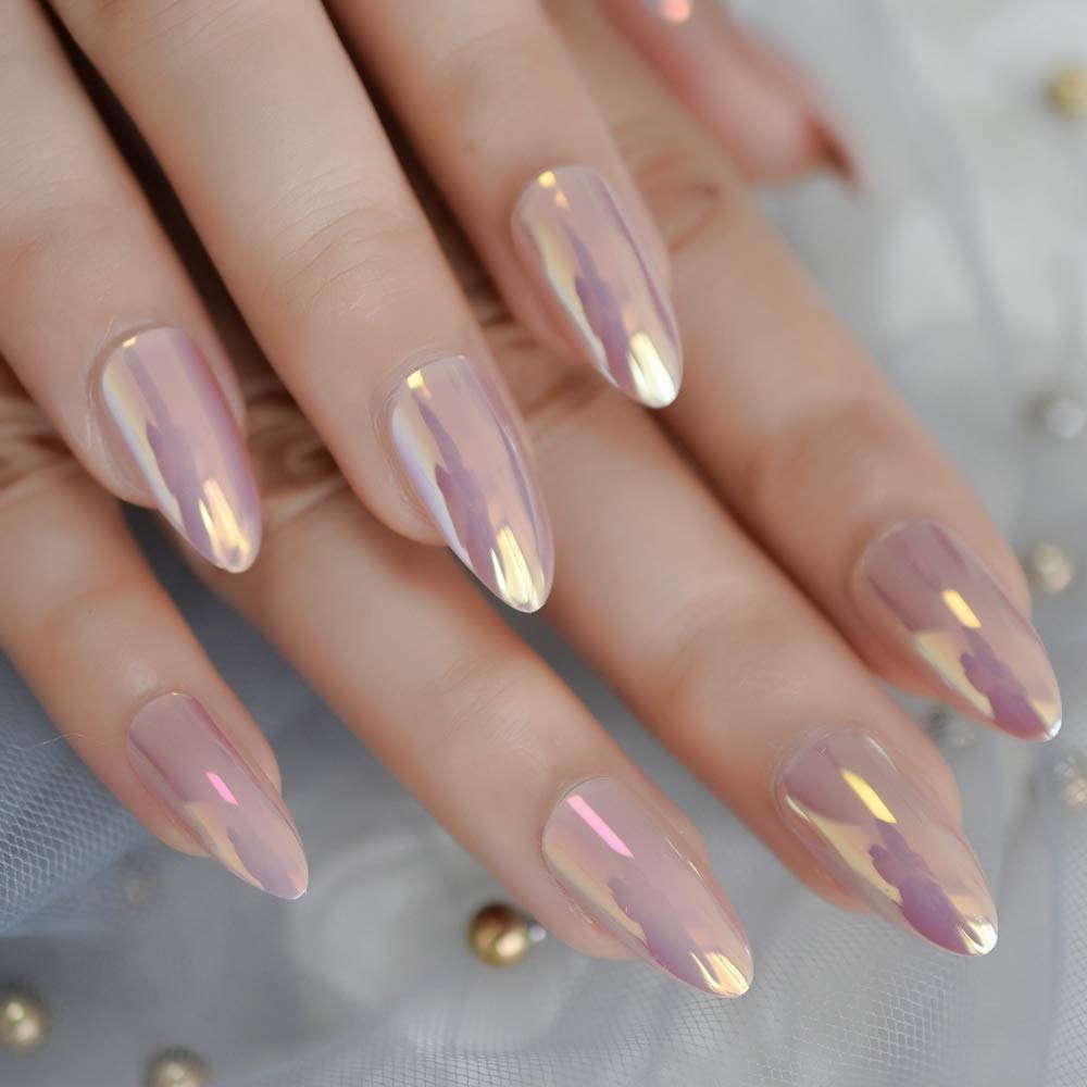 Amazon.com : medium shiny artificial mistyrose full cover nail art tips  almond elegant duo chrome sexy soild simple fake nail : beauty & personal  care