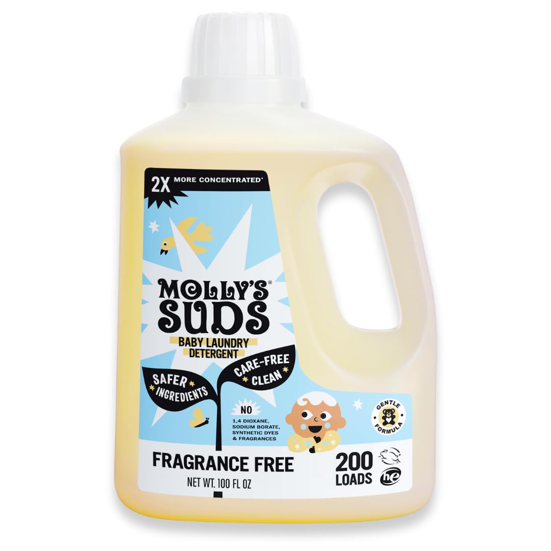 Molly's Suds Baby Liquid Laundry Detergent | Removes Formula, Poop & Spit-Up Stains | Extra Gentle for Infants, Babies, Toddlers (Fragrance Free, 200 Loads)