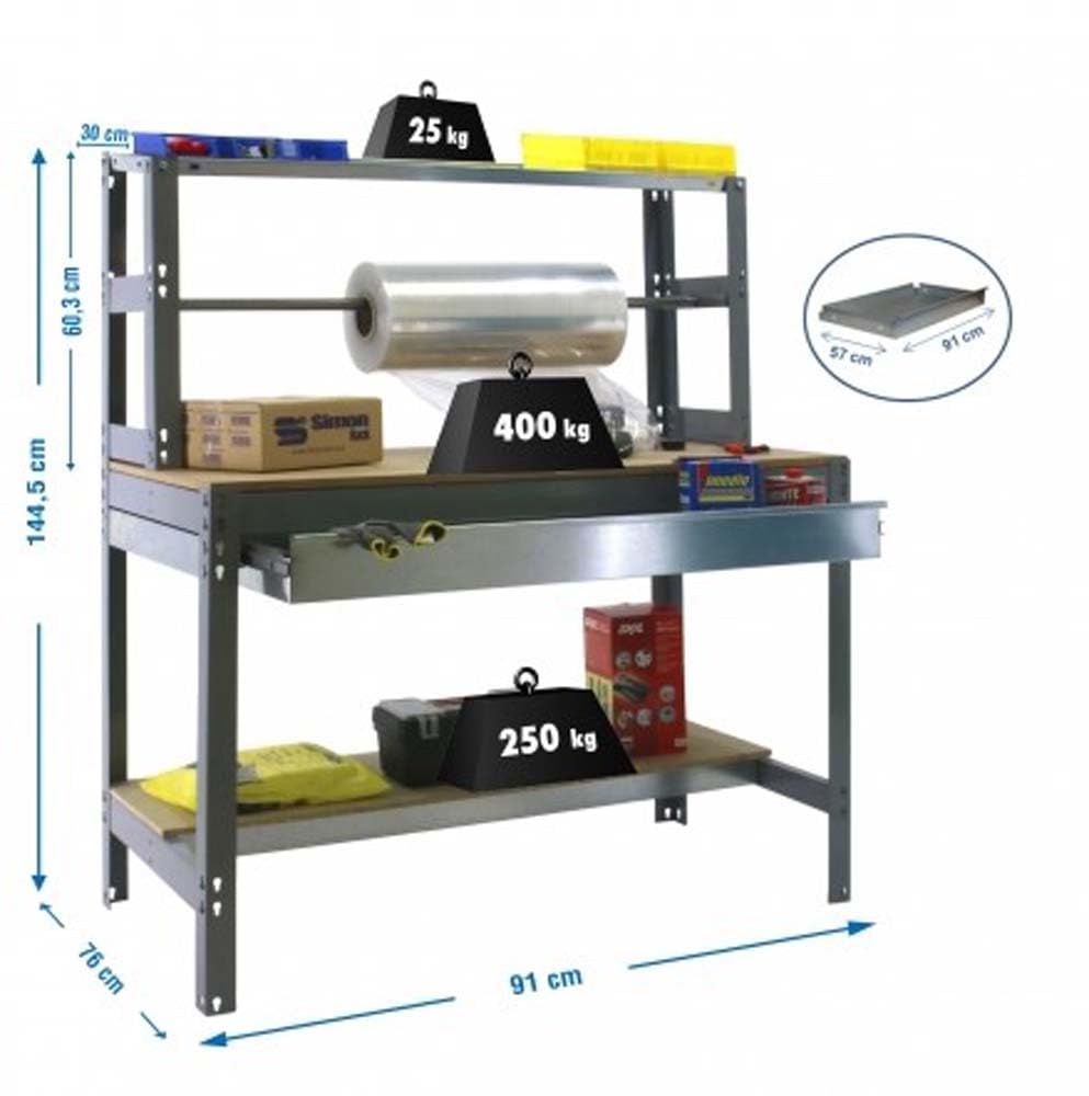 PRORGEAL Packtisch Buffalo mit Schubfach | HxBxT 84x90x76cm | Traglast 400kg | Grau | Werktisch Arbeitstisch Werktisch