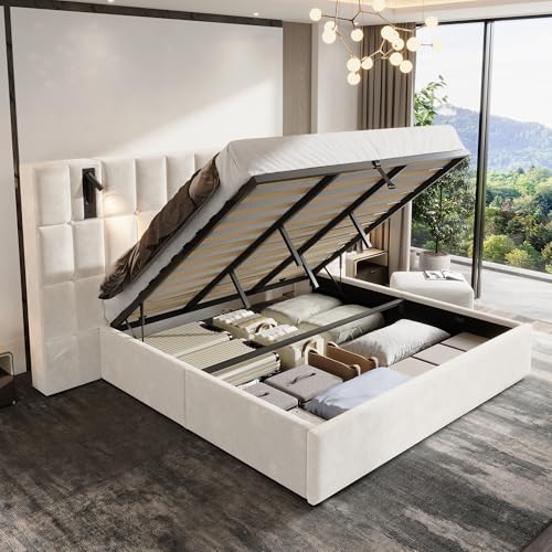 Jocisland Queen Size Upholstered Bed Frame with Widened Headboard,Lift-Up Storage Bed and Built-in Reading Light, Velvet Platform Frame, No Box Spring Required,Cream