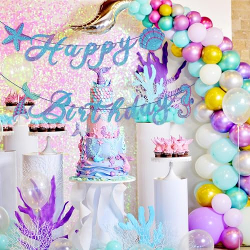 Image of Mermaid Happy Birthday Banner, Sparkle Mermaid Banner Garland Sign for Girls Kids Kids Under The Sea Themed Party Supplies Baby Shower 1st 2nd 3rd Birthday Decorations