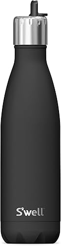 S'well Botella de agua de acero inoxidable con tapa abatible y pajilla, 17 onzas, ónix, recipientes aislados al vacío de triple capa que mantiene