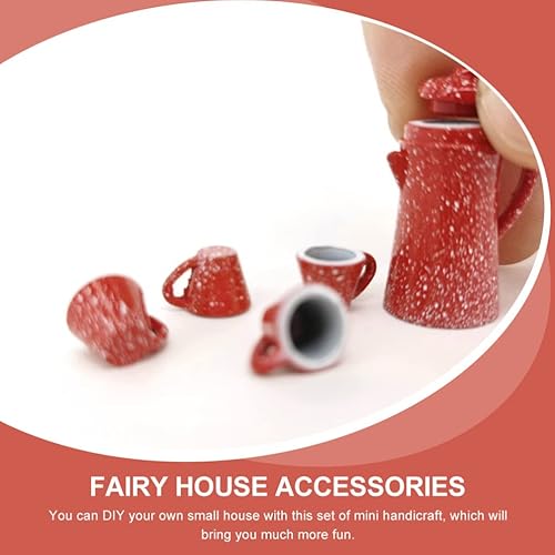 Miniatura 7 de Kisangel Juego de té en miniatura de 5 piezas: 1 hervidor y 4 tazas, accesorios de aleación para casa de muñecas para manualidades, juego de