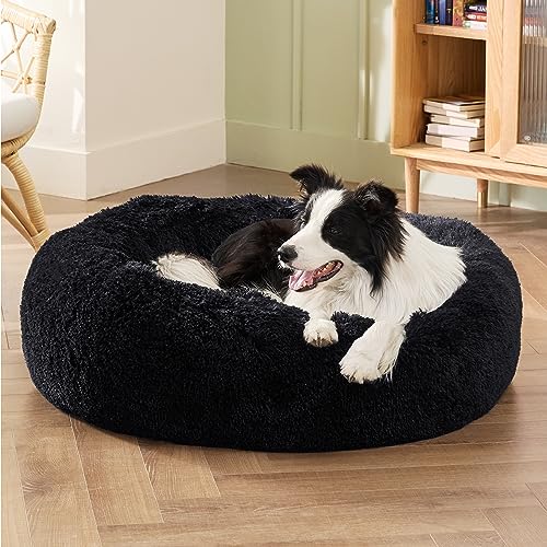 Image of Bedsure Calming Dog Beds Large Sized Dog Donut Washable Pet Bed,36ins Black | Fluffy Faux Fur Round Cuddler,with Removable Washable Cover,Anti-Slip Bottom,Anti-Anxiety,Deep Sleeping for Pets Up to 80 Lbs