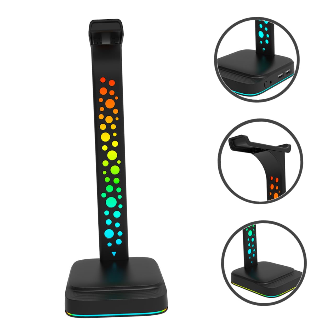 Uonlytech Supporto Cuffie Gaming Rgb da Scrivania Nero in Abs | Hub USB Doppio, Luce Regolabile, Design Multifunzione per Postazione Desktop