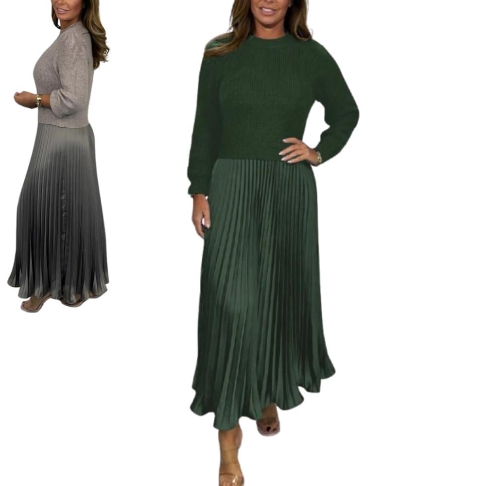 Lockenstab Women's Solid Color Long Sleeve Jumper & Pleated Bottom Dress Fashion Sweatshirt Top and(Green,Small)