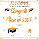 Congrats Class of 2026 Banner Diploma Cap Themed Graduation Party Supplies for College High School Senior 2026 Celebratory Orange Glitter Decorations