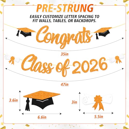 Congrats Class of 2026 Banner Diploma Cap Themed Graduation Party Supplies for College High School Senior 2026 Celebratory Orange Glitter Decorations