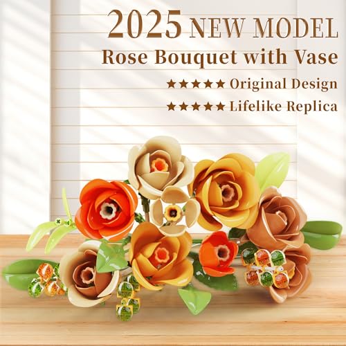 Image of Roses Flowers Set with Vase for Adults, Icon Wildflowers Bouquet Botanical Collection Kits Compatible with Lego Flowers, Artificial Flowers Set for Christmas Valentines Day Gifts Women Girls