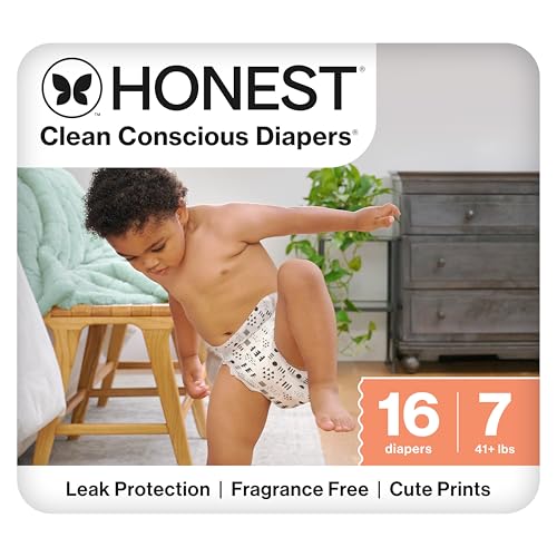 The Honest Company Comfort Dry Disposable Daytime Diapers for Sensitive Skin Hypoallergenic Fragrance-Free Pattern Play Polybag Size 7 (41 lbs) 16 Count