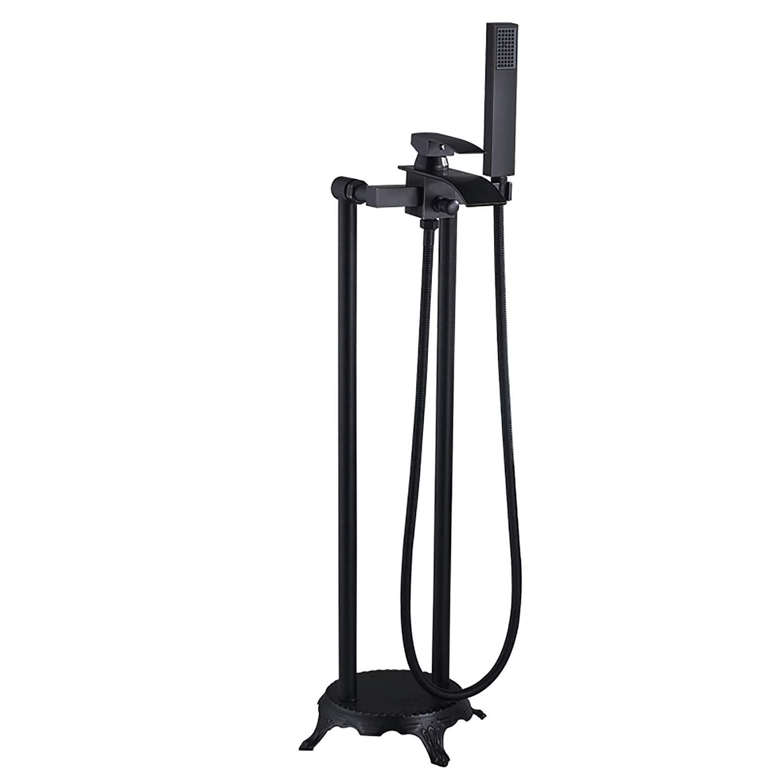 SnamicE Freestanding Bathtub Faucet Single Handle Floor Mount Tub Filler Brass Freestanding Bath Taps with Handheld Shower and Waterfall Tub Spout,Black,