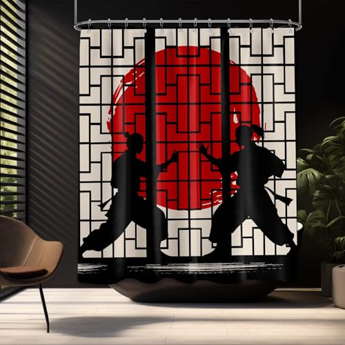 Image of Japanese Shower Curtain Japan Anime Asian Black and Red Shower Curtains for Manly Bathroom Decor Sets, Waterproof Cloth Fabric with Hooks, 60x72 Inch