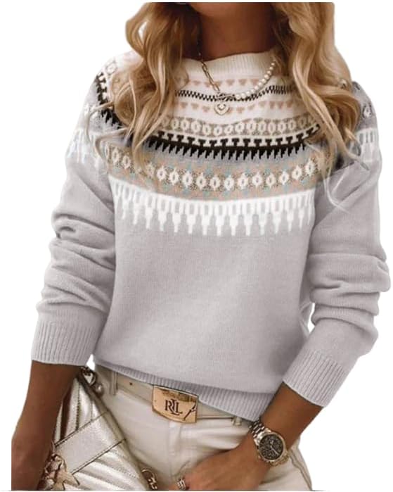 Women's Fair Isle Sweater Casual Vintage Crew Neck Knitted Sweater Cute Graphic Fall Fashion Pullover Jumper Tops