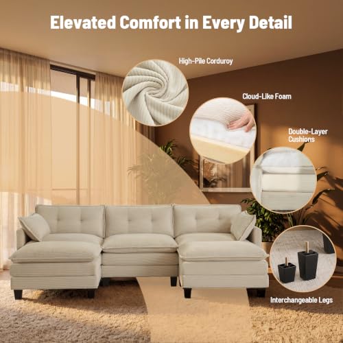 Image of Amsleekey 111.5 inch U Shaped Modular Sectional Sofa, Beige Corduroy
