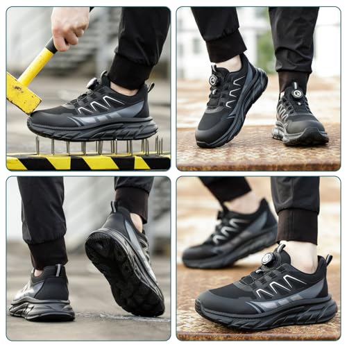 RASEARY Sicherheitsschuhe Arbeitsschuhe Herren Damen Bequem Stahlkappenschuhe Leicht Atmungsaktiv Industrielle Arbeitsschuhe mit Drehschnallen Schnürsenkeln,Schwarz EU 42