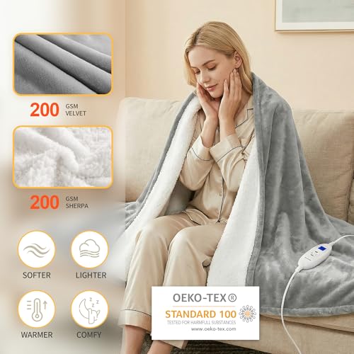 Myiosus Heated Blanket Throw Blanket, Fast Heating Electric Blanket with 9 Heating Levels & 9 Time Settings, Soft Velvet Sherpa Heated Throw, UL & FCC, Warm Gifts for Women & Men (50"x60", Grey) - Image 3