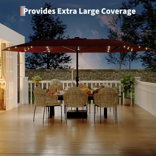 15FT Rectangular Patio Umbrella with Solar Lights & Base Included - Large Patio Umbrella with Crank Handle, UV Protection for Outdoor Market, Backyard, Pool - Burgundy