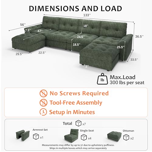 Image of Oversized Modular Sectional Sofa with Storage, Modern Deep Seat Cloud Couch for Living Room, L-Shaped Large Sectional Couch, 4 Seater with Ottoman, Green