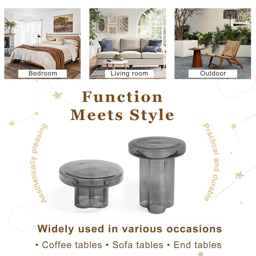 Image of Storm Glass Side Table for Living Room, Round End Table with Tempered Glass Top (Grey, 14.96)