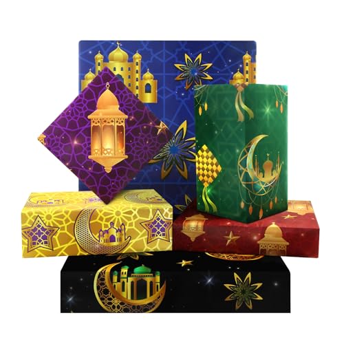 Eid Gift Wrapping Paper Ramadan Wrapping Paper 6 Pieces Moon Mosque Lantern Eid Mubarak Gift Wrap in 6 Designs for Islam Women Men Holiday Birthday Eid Al-fitr Party DIY Craft Gift Packing Wrap