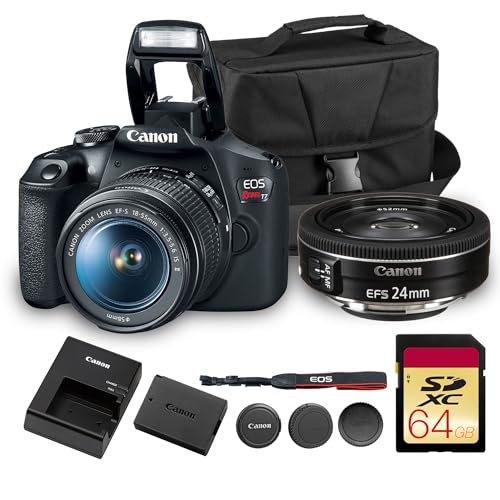 Image of Canon EOS Rebel T7 DSLR Camera Kit | 24.1MP APS-C Sensor with EF-S 18-55mm Lens | Full HD 1080p Video Compact Beginner-Friendly Photography (2727C002) + Canon EF-S 24mm Lens + Bag + 64GB Card