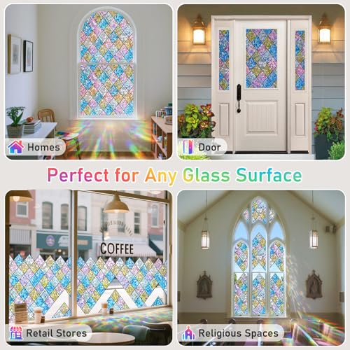 Image of Sunbaby Window Privacy Film Stained Glass Decorative Rainbow Window Cling 3D Static Clings Colorful for Home Decoration, Anti-UV & Heat Control Non-Adhesive (35.4 inchx78.7 inch)
