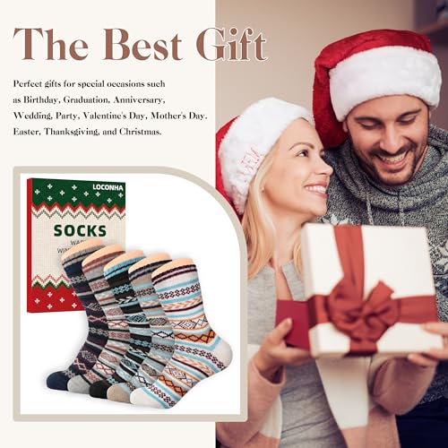 Image of LOCONHA Womens Wool Socks 5 Pairs Winter Warm Sock Thick Knit Cabin Cozy Crew Soft Socks Gifts for Women