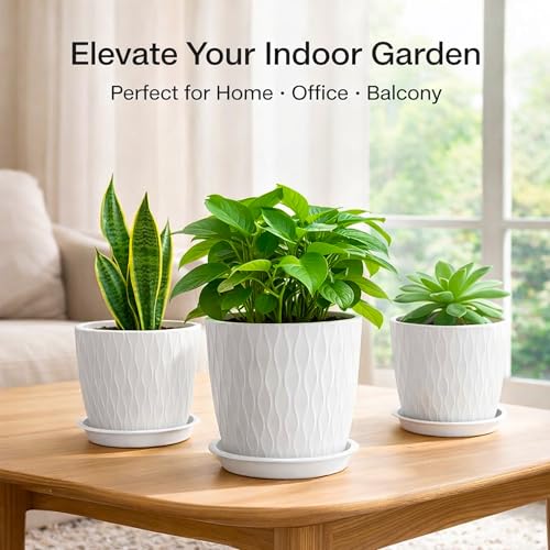 Image of Eightiz (Pack of 5 6 Inch Plastic Flower Pots for Indoor & Outdoor Terrace,Garden Plants Decorative Planters with Drainage Holes & Matching Saucers Durable & Lightweight (White)